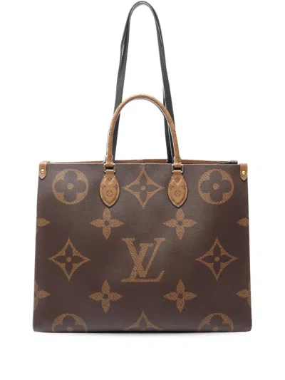 Pre-owned Louis Vuitton 2021-2026 Monogram Reverse Giant Onthego Gm Satchel In Brown