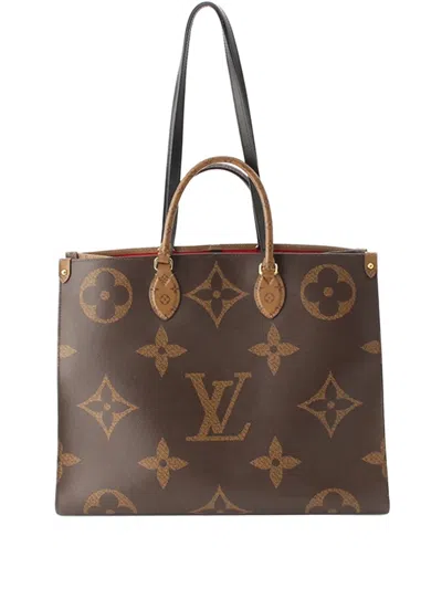 Pre-owned Louis Vuitton 2021-2026 Monogram Reverse Giant Onthego Gm Satchel In Brown