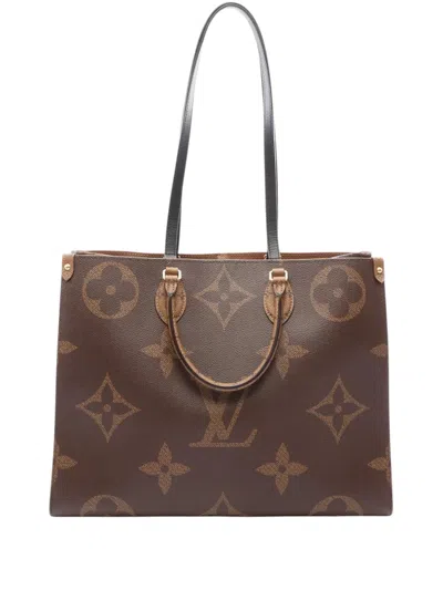 Pre-owned Louis Vuitton 2021-2026 Monogram Reverse Giant Onthego Gm Satchel In Brown