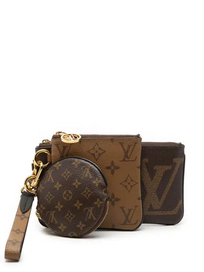 Pre-owned Louis Vuitton 2021-2026 Monogram Reverse Giant Trio Set Pouch In Brown