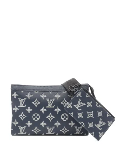 Pre-owned Louis Vuitton 2021-2026 Monogram Shadow Gaston Wearable Wallet Crossbody Bag In Blue