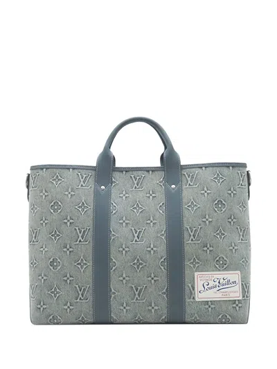 Pre-owned Louis Vuitton 2021-2026 Monogram Washed Denim Weekend Tote Travel Bag In Blue