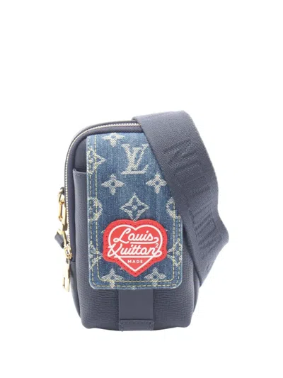Pre-owned Louis Vuitton 2021-2026 Nigo Monogram Denim And Taurillon Double Phone Pouch Crossbody Bag In Blue
