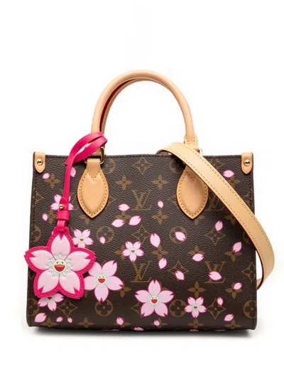 Pre-owned Louis Vuitton 2021-2026 Takashi Murakami Cherry Blossom Monogram Onthego Pm Satchel In Brown