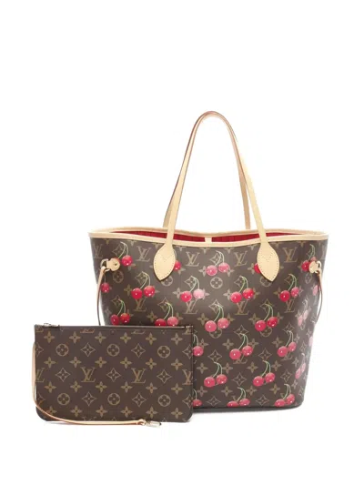 Pre-owned Louis Vuitton 2021s Neverfull Mm Cherry-print Shoulder Bag In Brown