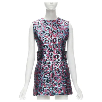 Pre-owned Louis Vuitton 2022 Metallic Blue Pink Leopard Jacquard Strap Belt Dress Fr34 Xs