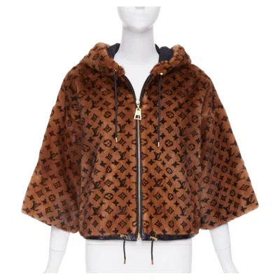 Pre-owned Louis Vuitton 2022 Monogram Mink Fur Drawstring Zip Up Hooded Jacket Fr34 Xs In Brown