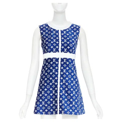 Pre-owned Louis Vuitton 2022 Rw222w Blue France Monogram Jacquard Knit A Line Dress Fr36 S