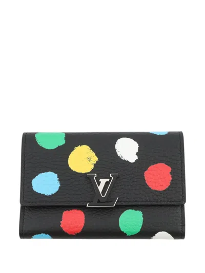 Pre-owned Louis Vuitton 2023 Yayoi Kusama Taurillon Capucines Compact Wallet Small Wallets In Black