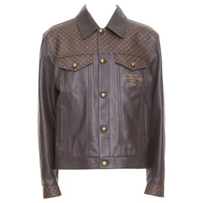 Pre-owned Louis Vuitton 2025 Runway Embellished Leather Trucker Monogram Jacket Fr46 Xs In Gray