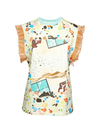 Pre-owned Louis Vuitton Abstract-print Plissé-trim T-shirt In Neutral