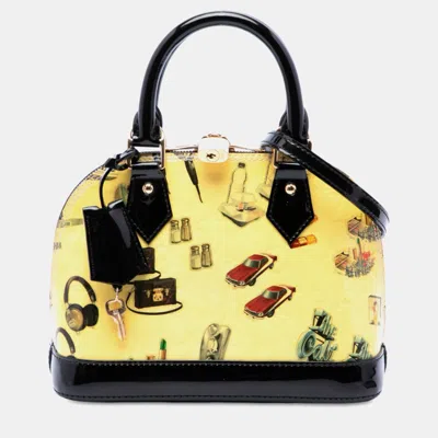 Pre-owned Louis Vuitton Alma Bb Citrine Yellow Monogram Vernis Stickers Patent Leather Top Handle Bag