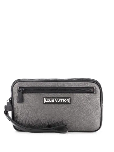 Pre-owned Louis Vuitton Alpha Wristlet Taurillon Leather Clutch Bag In Grey