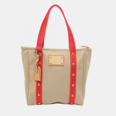 Pre-owned Louis Vuitton Antigua Cabas Mm Beige Red Canvas Tote Bag In Sand
