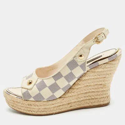 Pre-owned Louis Vuitton Azur Size 38 Cream/blue Damier Canvas And Leather Wedge Espadrille Slingback Sandals In White