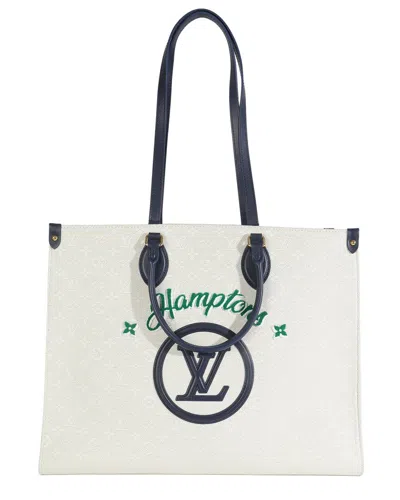 Pre-owned Louis Vuitton Beige & Blue Canvas Jacquard Embroidered Tufted Monogram Hamptons Onthego (authentic P