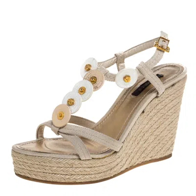 Pre-owned Louis Vuitton Beige Canvas Medallion Leather Detail Espadrille Wedge Platform Sandals Size 37
