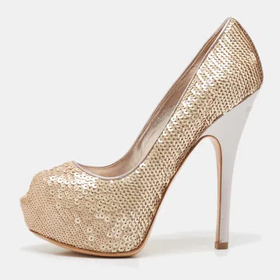 Pre-owned Louis Vuitton Beige Leather And Sequins Peep Toe Pumps Size 37