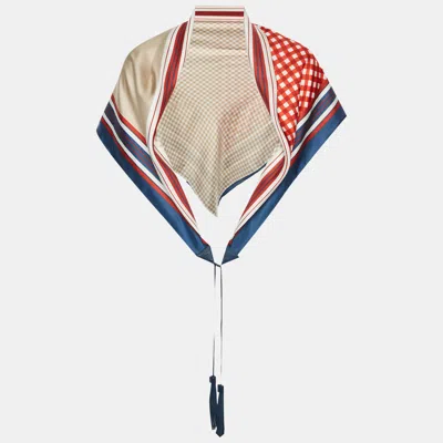 Pre-owned Louis Vuitton Beige Leather Tassel Detail Check Print Silk Scarf In Sand