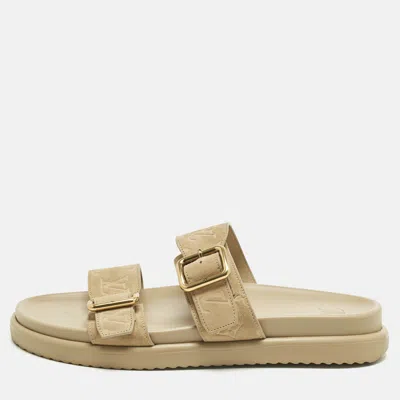 Pre-owned Louis Vuitton Beige Monogram Suede Bom Dia Flat Slide Sandals Size 45