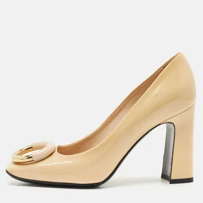 Pre-owned Louis Vuitton Beige Patent Leather Madeleine Block Heel Pumps Size 36 In Sand