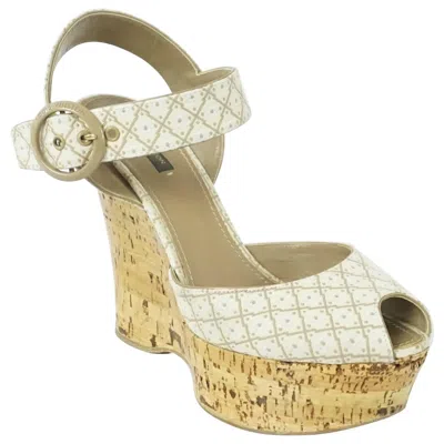 Pre-owned Louis Vuitton Beige Printed Cork Wedges With Ankle Strap - 41 In Brown