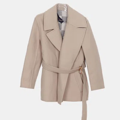 Pre-owned Louis Vuitton Beige Wool Damier Azur Short Wrap Coat Size 36