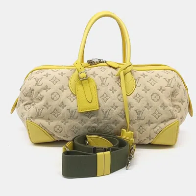 Pre-owned Louis Vuitton Beige Yellow Fabric Denim Speedy Round Bag In Sand