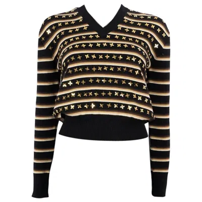 Pre-owned Louis Vuitton Black Beige Gold Wool 2020 Sequin Star Striped V-neck Sweater S