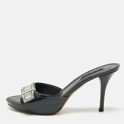 Pre-owned Louis Vuitton Black Blue Denim And Patent Leather Mini Lin Mules Size 38.5