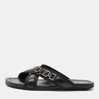 Pre-owned Louis Vuitton Black Canvas And Leather Crisscross Flat Slides Size 45