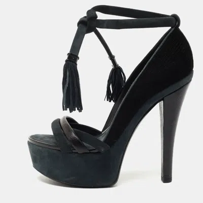 Pre-owned Louis Vuitton Black /grey Leather And Suede Platform Sandals Size 38