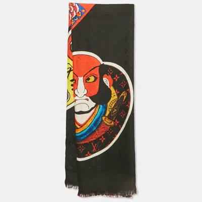 Pre-owned Louis Vuitton Black Kabugi Stickers Printed Silk & Wool Monogram Shawl