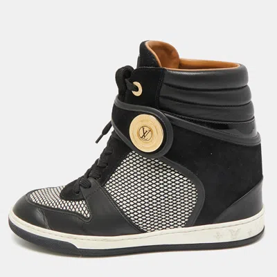 Pre-owned Louis Vuitton Black Leather And Fabric Postmark Wedge Sneakers Size 37.5