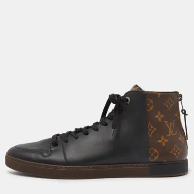 Pre-owned Louis Vuitton Black Leather And Monogram Canvas Line Up Sneakers Size 42.5