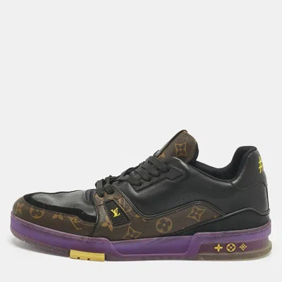 Pre-owned Louis Vuitton Black Leather And Monogram Canvas Lv Trainer Sneakers Size 45