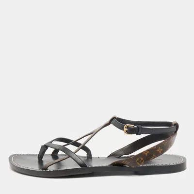 Pre-owned Louis Vuitton Black Leather And Monogram Canvas Strappy Flat Sandals Size 40