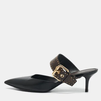 Pre-owned Louis Vuitton Black Leather And Monogram Canvas Studded Pointed Toe Mules Size 39