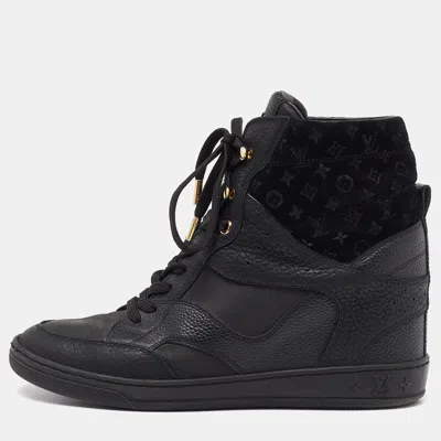 Pre-owned Louis Vuitton Black Leather And Monogram Suede Wedge High Top Sneakers Size 38