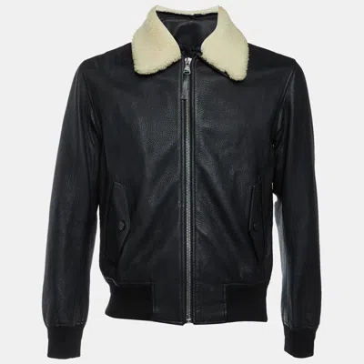 Pre-owned Louis Vuitton Black Leather & Shearling Bomber Jacket M