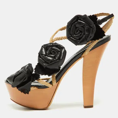 Pre-owned Louis Vuitton Black Leather Floral Applique Rope Strap Platform Sandals Size 38