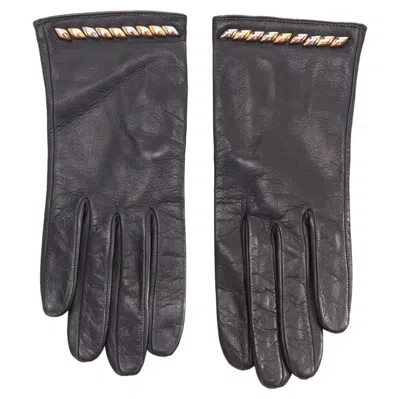 Pre-owned Louis Vuitton Black Leather Gold Silver Trapeze Stud Short Gloves