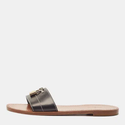 Pre-owned Louis Vuitton Black Leather Lock It Flat Slide Sandals Size 37.5
