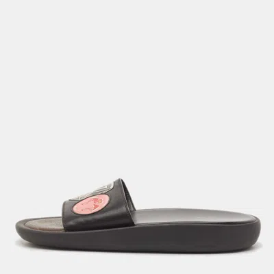 Pre-owned Louis Vuitton Black Leather Lv Flamingo Flat Slide Sandals Size 39