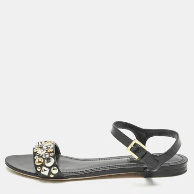 Pre-owned Louis Vuitton Black Leather Studded Ankle Strap Flat Sandals Size 40