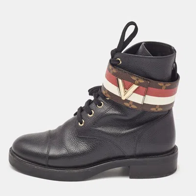 Pre-owned Louis Vuitton Black Leather Wonderland Flat Ranger Combat Boots Size 36