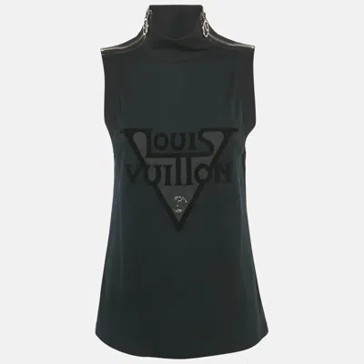 Pre-owned Louis Vuitton Black Logo Print Cotton Zip Detail Sleeveless T-shirt L
