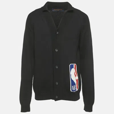 Pre-owned Louis Vuitton Black Lv Intarsia Rib Knit Cardigan L