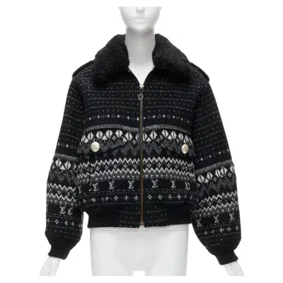 Pre-owned Louis Vuitton Black Lv Logo Intarsia Argyle Wool Boxy Aviator Jacket Fr34 Xs