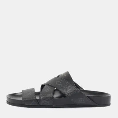 Pre-owned Louis Vuitton Black Monogram Canvas And Leather Mirabeau Flat Slides Size 42